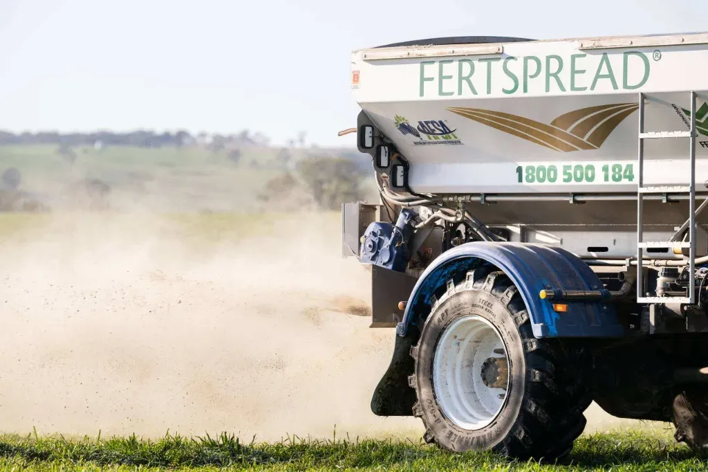 Fertspread spreader applying product in a paddock